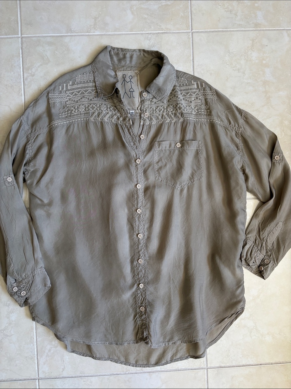 Pete and Greta Johnny Was Light Olive Button-Up Collared Shirt Embroidered XS